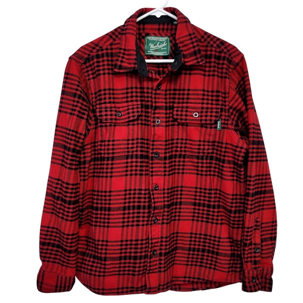 Woolrich Mens Red Black Buffalo Plaid Flannel Shirt Jacket Heavy Cotton Shacket